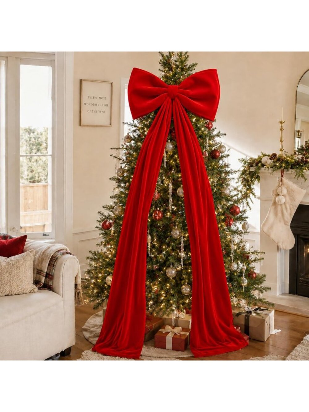 Large Velvet Christmas Tree Topper Bow, Festive Holiday Decor for Xmas Trees